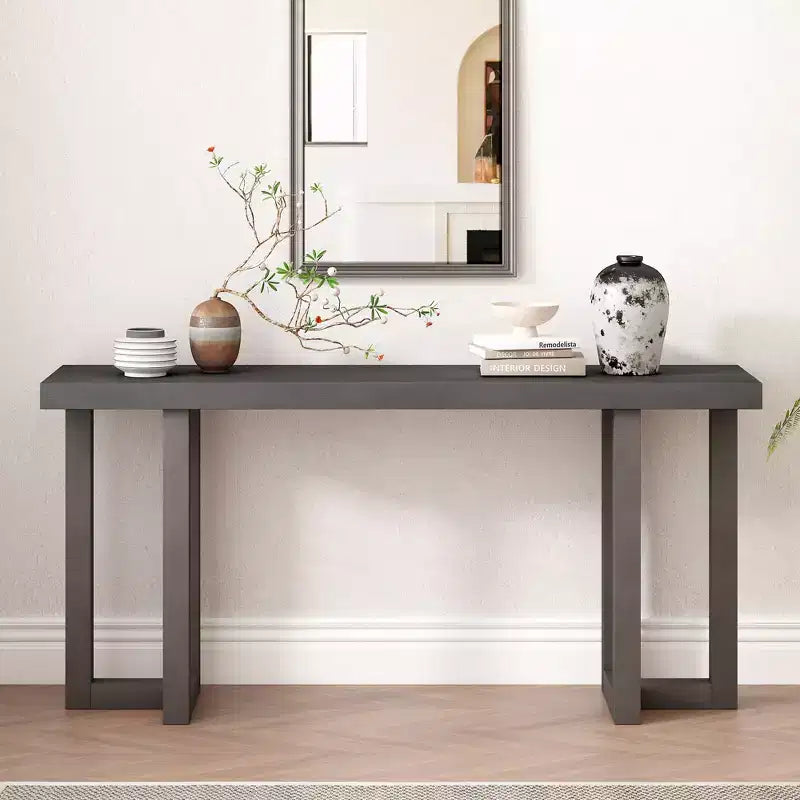 Console minimaliste de 63 pouces avec pieds en bois massif, table d'entrée élégante avec plateau épais, table de couloir pour salon, chambre à coucher