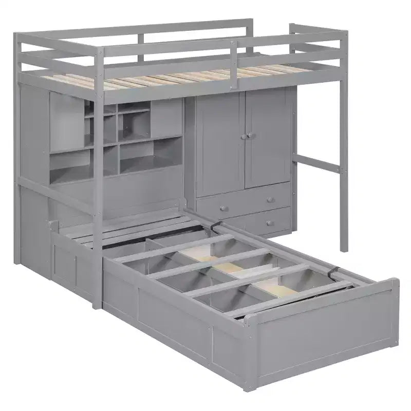 Lit superposé jumeau avec armoire et tiroirs, lit mezzanine avec étagères de rangement et lit hydraulique pour enfants et adultes