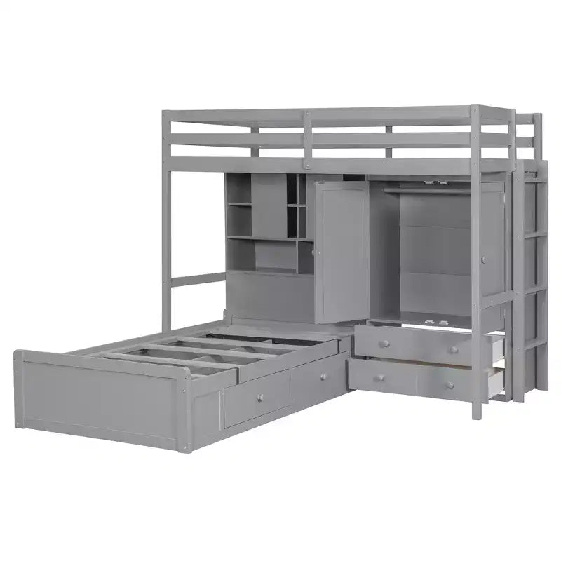 Lit superposé jumeau avec armoire et tiroirs, lit mezzanine avec étagères de rangement et lit hydraulique pour enfants et adultes