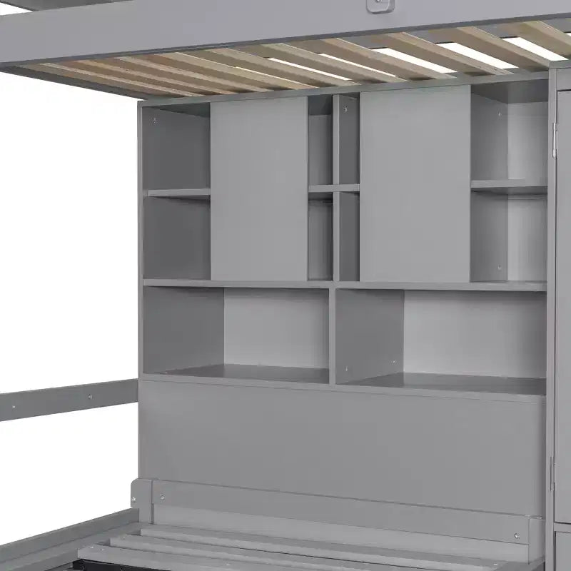 Lit superposé jumeau avec armoire et tiroirs, lit mezzanine avec étagères de rangement et lit hydraulique pour enfants et adultes