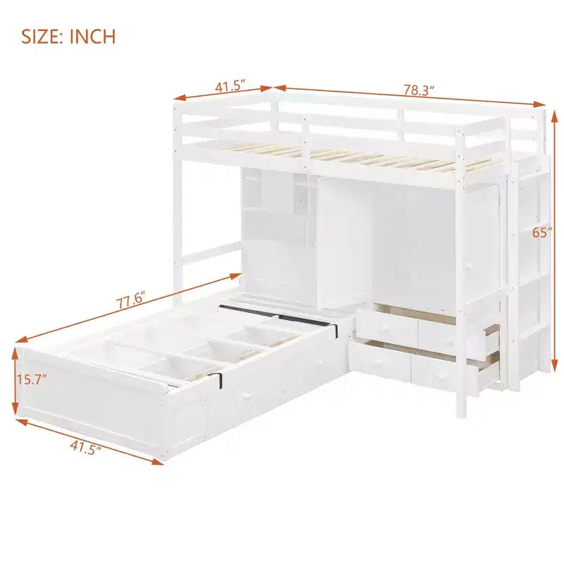 Lit superposé jumeau avec armoire et tiroirs, lit mezzanine avec étagères de rangement et lit hydraulique pour enfants et adultes