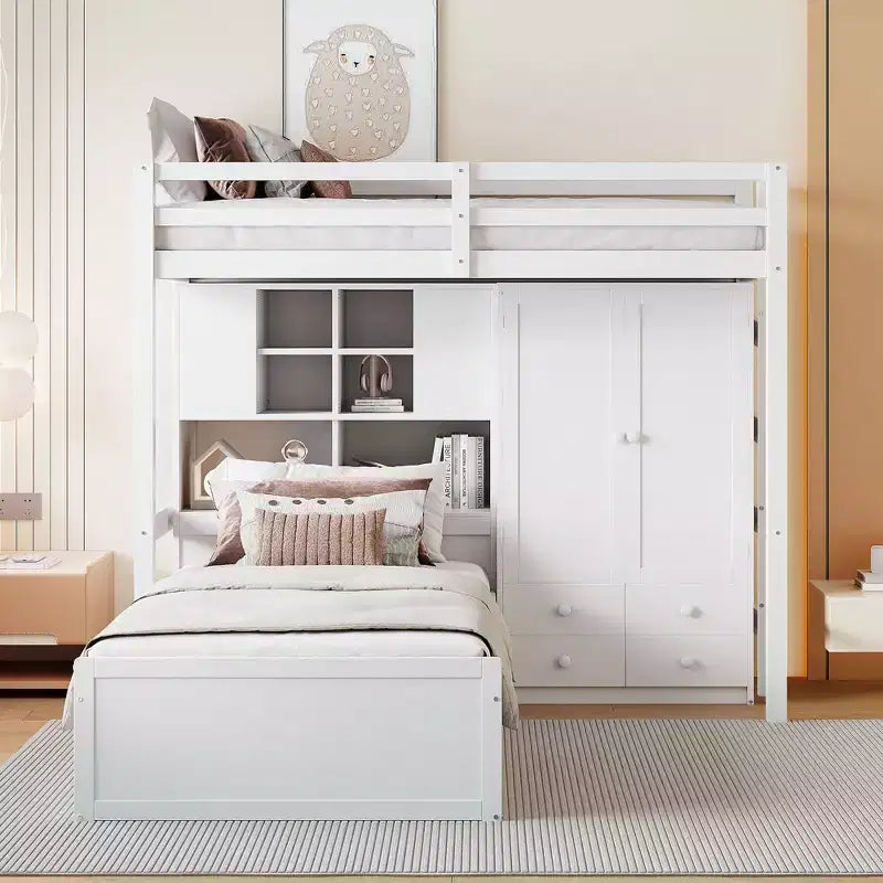 Lit superposé jumeau avec armoire et tiroirs, lit mezzanine avec étagères de rangement et lit hydraulique pour enfants et adultes