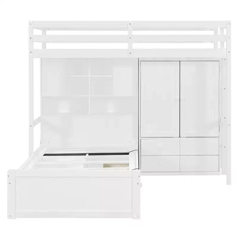 Lit superposé jumeau avec armoire et tiroirs, lit mezzanine avec étagères de rangement et lit hydraulique pour enfants et adultes