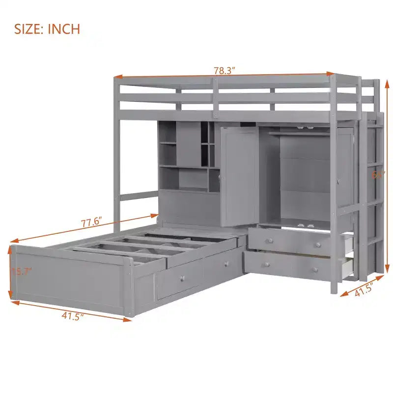 Lit superposé jumeau avec armoire et tiroirs, lit mezzanine avec étagères de rangement et lit hydraulique pour enfants et adultes