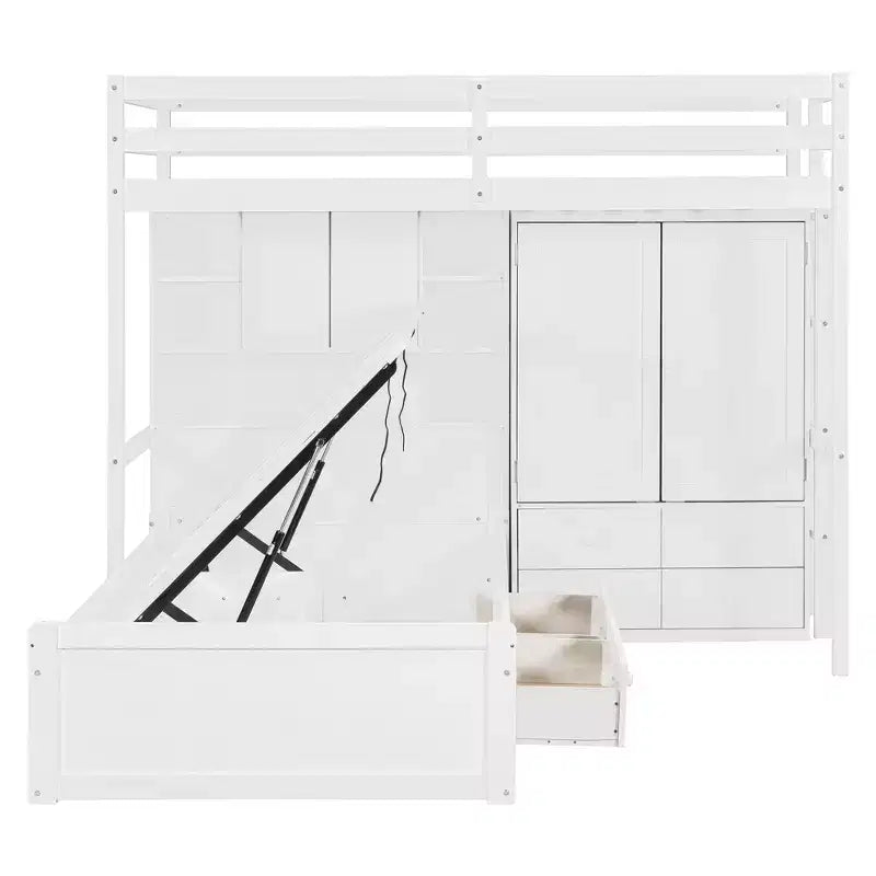 Lit superposé jumeau avec armoire et tiroirs, lit mezzanine avec étagères de rangement et lit hydraulique pour enfants et adultes