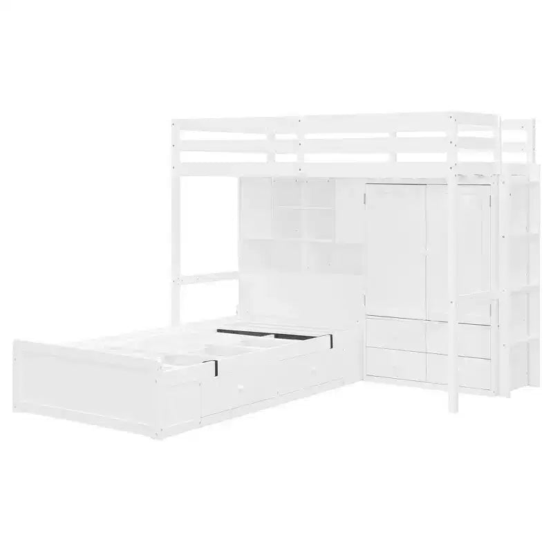 Lit superposé jumeau avec armoire et tiroirs, lit mezzanine avec étagères de rangement et lit hydraulique pour enfants et adultes