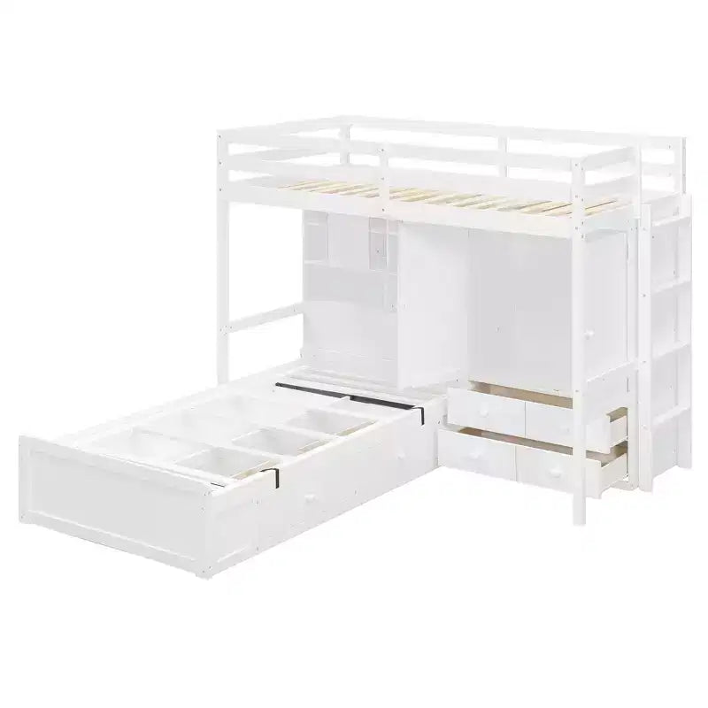 Lit superposé jumeau avec armoire et tiroirs, lit mezzanine avec étagères de rangement et lit hydraulique pour enfants et adultes