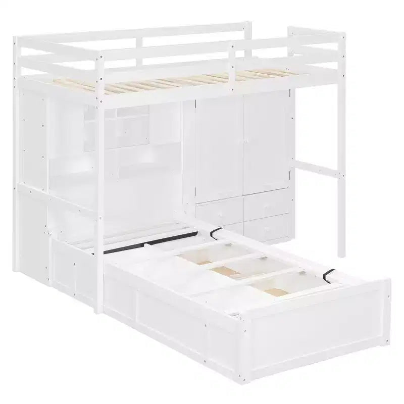 Lit superposé jumeau avec armoire et tiroirs, lit mezzanine avec étagères de rangement et lit hydraulique pour enfants et adultes