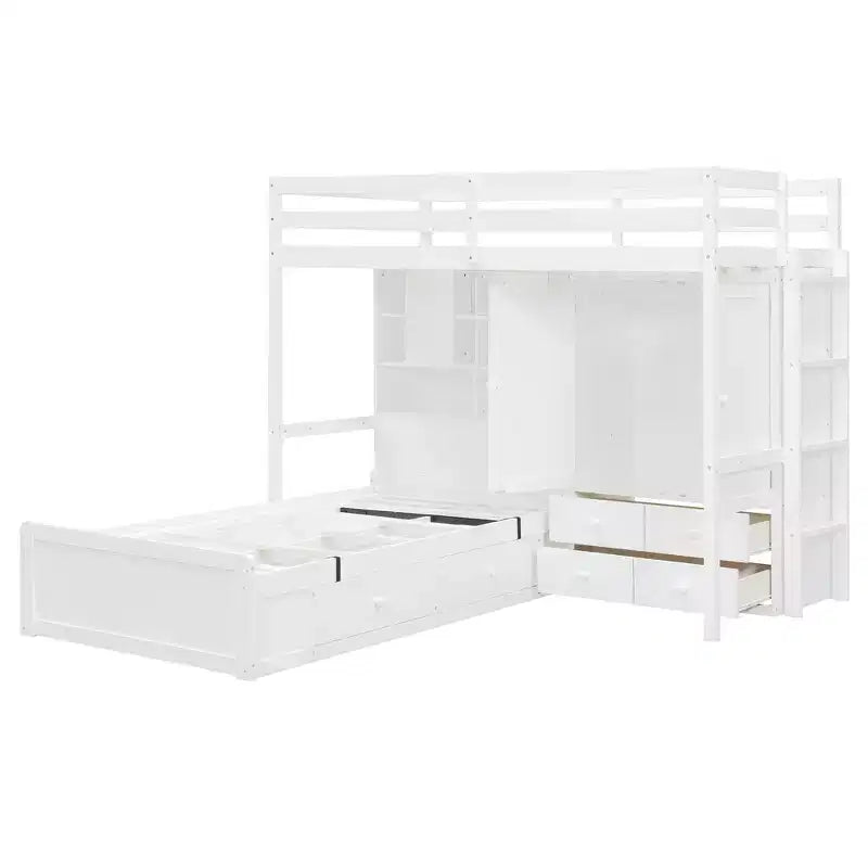 Lit superposé jumeau avec armoire et tiroirs, lit mezzanine avec étagères de rangement et lit hydraulique pour enfants et adultes