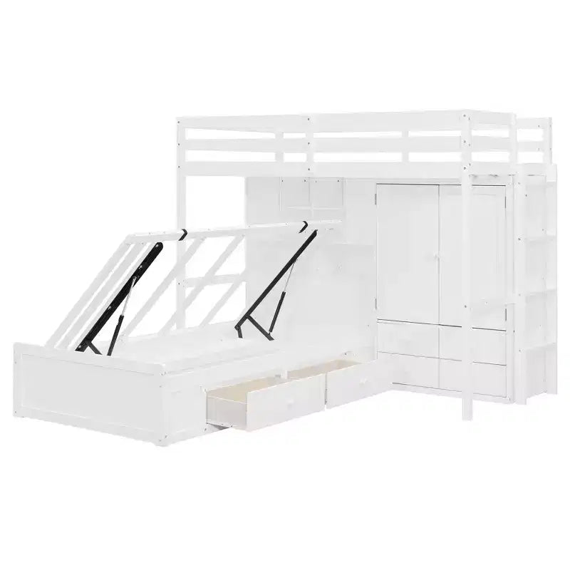 Lit superposé jumeau avec armoire et tiroirs, lit mezzanine avec étagères de rangement et lit hydraulique pour enfants et adultes