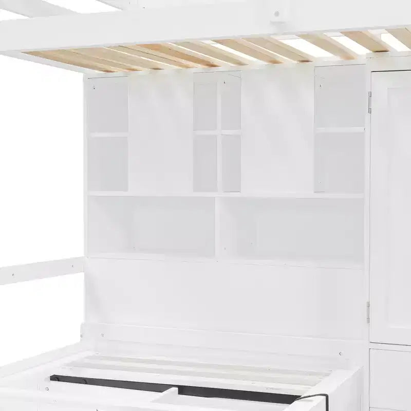 Lit superposé jumeau avec armoire et tiroirs, lit mezzanine avec étagères de rangement et lit hydraulique pour enfants et adultes