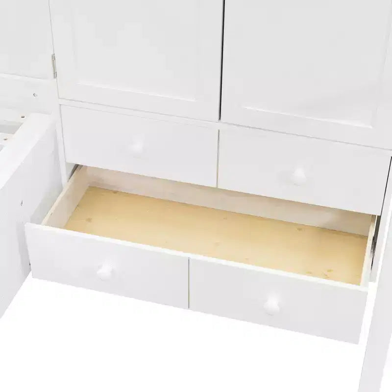Lit superposé jumeau avec armoire et tiroirs, lit mezzanine avec étagères de rangement et lit hydraulique pour enfants et adultes