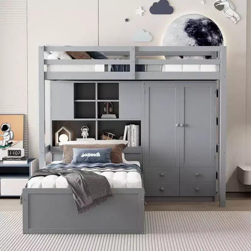 Lit superposé jumeau avec armoire et tiroirs, lit mezzanine avec étagères de rangement et lit hydraulique pour enfants et adultes