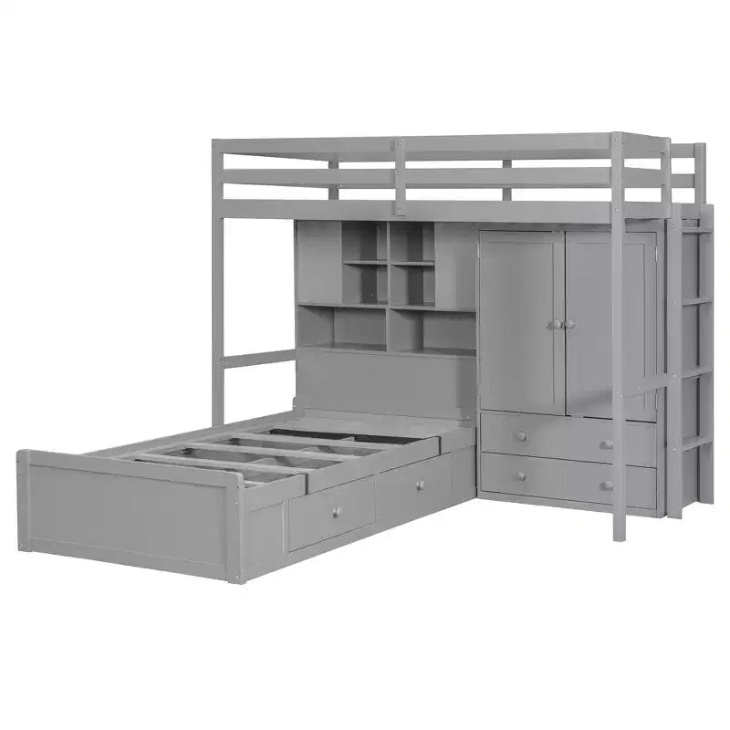 Lit superposé jumeau avec armoire et tiroirs, lit mezzanine avec étagères de rangement et lit hydraulique pour enfants et adultes