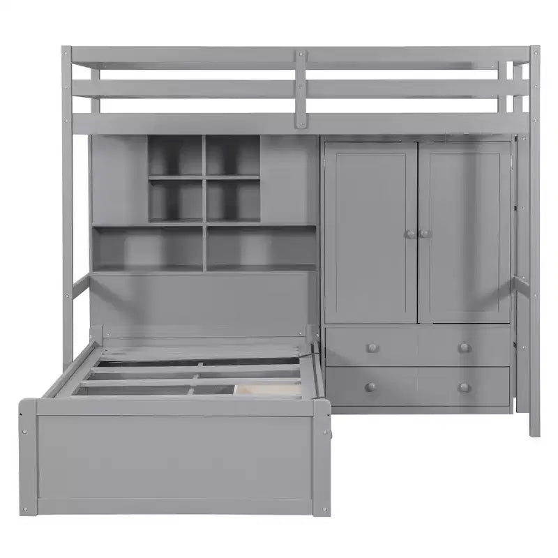 Lit superposé jumeau avec armoire et tiroirs, lit mezzanine avec étagères de rangement et lit hydraulique pour enfants et adultes