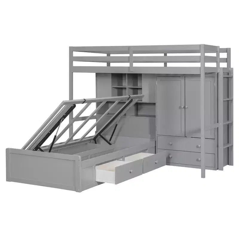 Lit superposé jumeau avec armoire et tiroirs, lit mezzanine avec étagères de rangement et lit hydraulique pour enfants et adultes