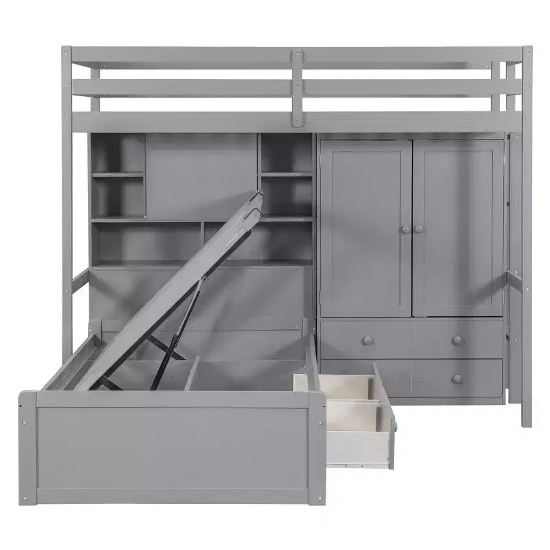 Lit superposé jumeau avec armoire et tiroirs, lit mezzanine avec étagères de rangement et lit hydraulique pour enfants et adultes