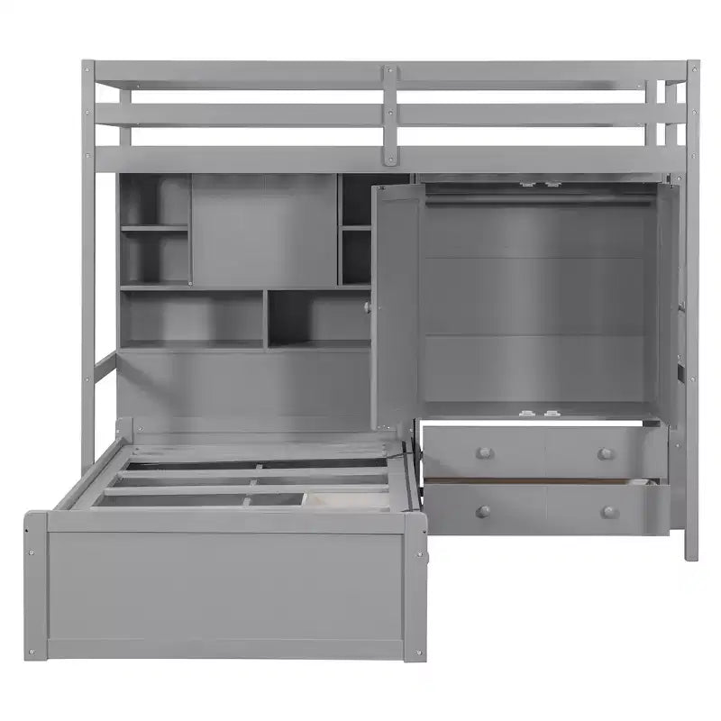 Lit superposé jumeau avec armoire et tiroirs, lit mezzanine avec étagères de rangement et lit hydraulique pour enfants et adultes