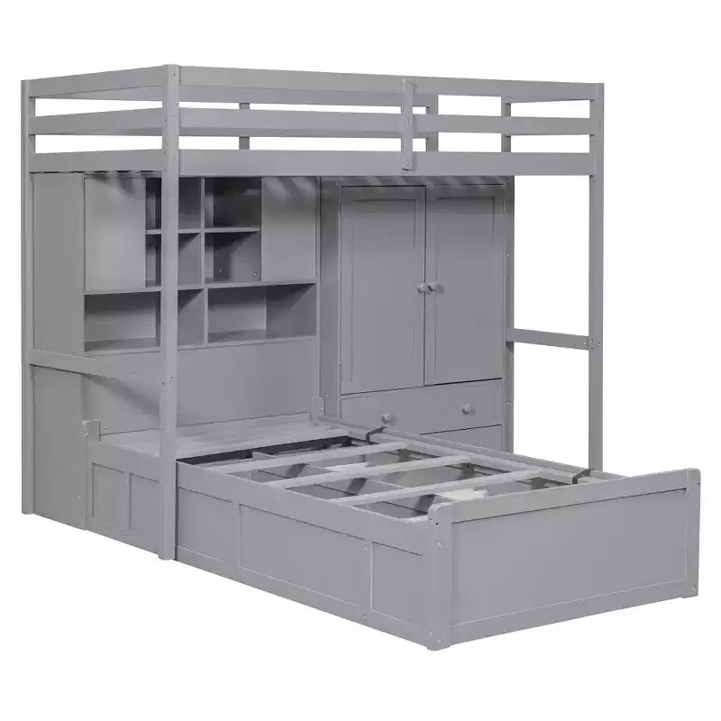 Lit superposé jumeau avec armoire et tiroirs, lit mezzanine avec étagères de rangement et lit hydraulique pour enfants et adultes