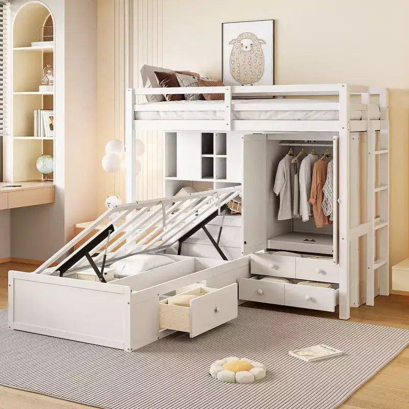 Lit superposé jumeau avec armoire et tiroirs, lit mezzanine avec étagères de rangement et lit hydraulique pour enfants et adultes