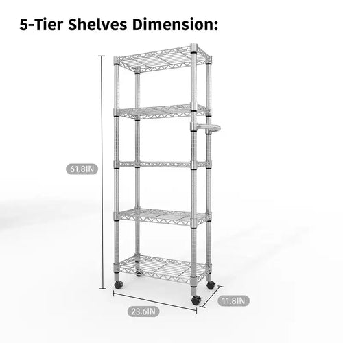Étagère métallique à 5 niveaux avec roulettes, organisateur de rangement en fil métallique robuste de 500 kg avec poignée et pieds réglables