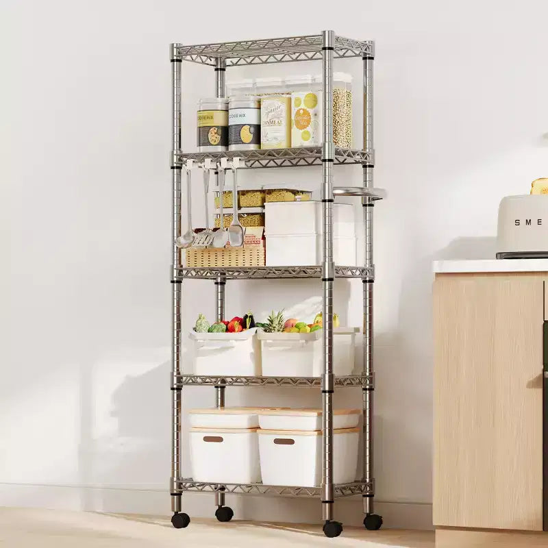 Étagère métallique à 5 niveaux avec roulettes, organisateur de rangement en fil métallique robuste de 500 kg avec poignée et pieds réglables