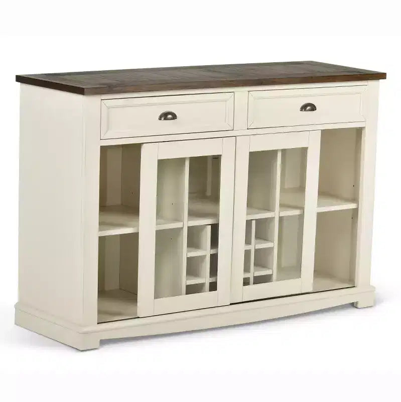 Buffet Bicolore : Desserte de style rustique avec portes vitrées et porte-verres à pied