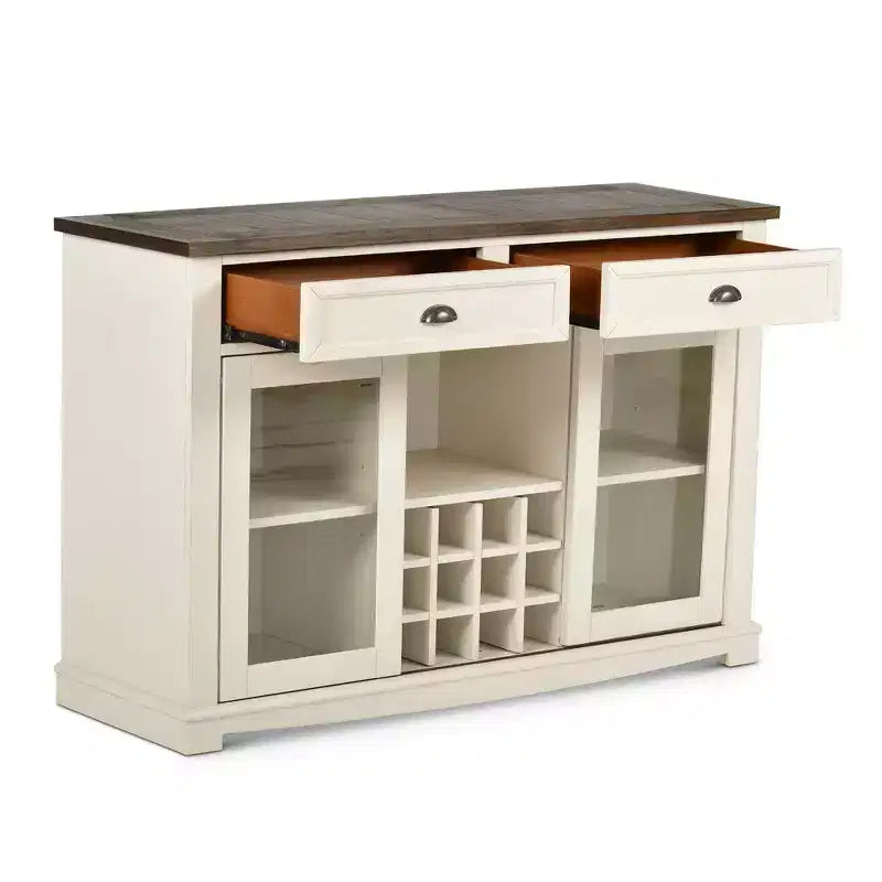 Buffet Bicolore : Desserte de style rustique avec portes vitrées et porte-verres à pied