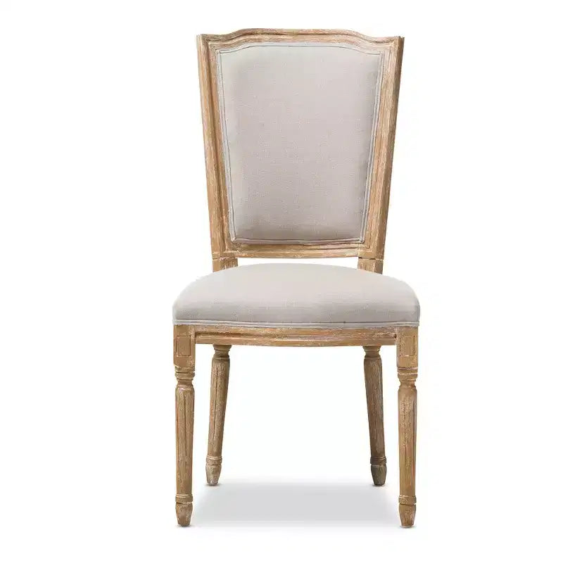 Chaise de Salle à Manger Cottage Vintage Français Chêne Vieilli et Lin Beige