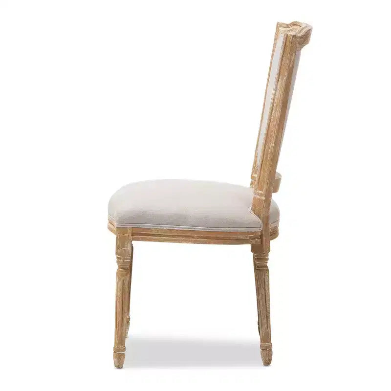 Chaise de Salle à Manger Cottage Vintage Français Chêne Vieilli et Lin Beige
