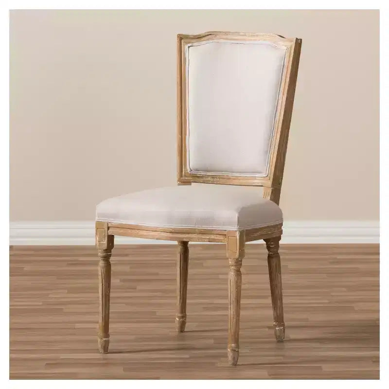 Chaise de Salle à Manger Cottage Vintage Français Chêne Vieilli et Lin Beige