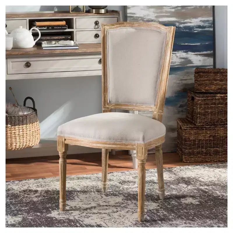 Chaise de Salle à Manger Cottage Vintage Français Chêne Vieilli et Lin Beige