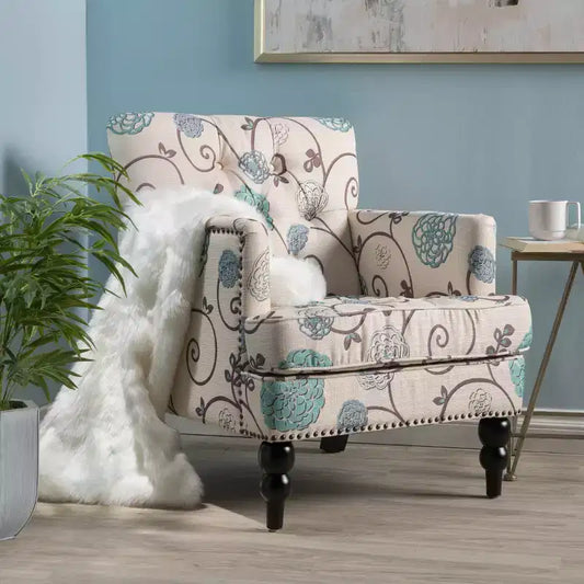 Fauteuil club capitonné – Blanc/Bleu : Tissu d'ameublement, motif floral, structure en bois dur