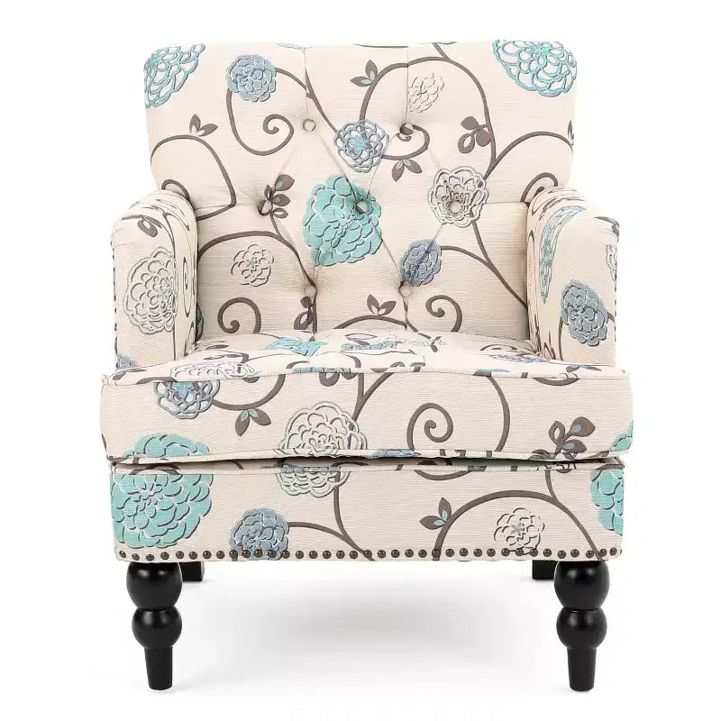 Fauteuil club capitonné – Blanc/Bleu : Tissu d'ameublement, motif floral, structure en bois dur