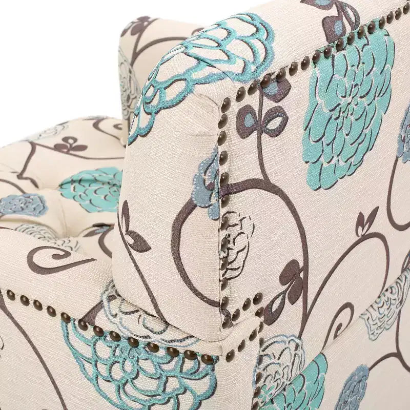 Fauteuil club capitonné – Blanc/Bleu : Tissu d'ameublement, motif floral, structure en bois dur