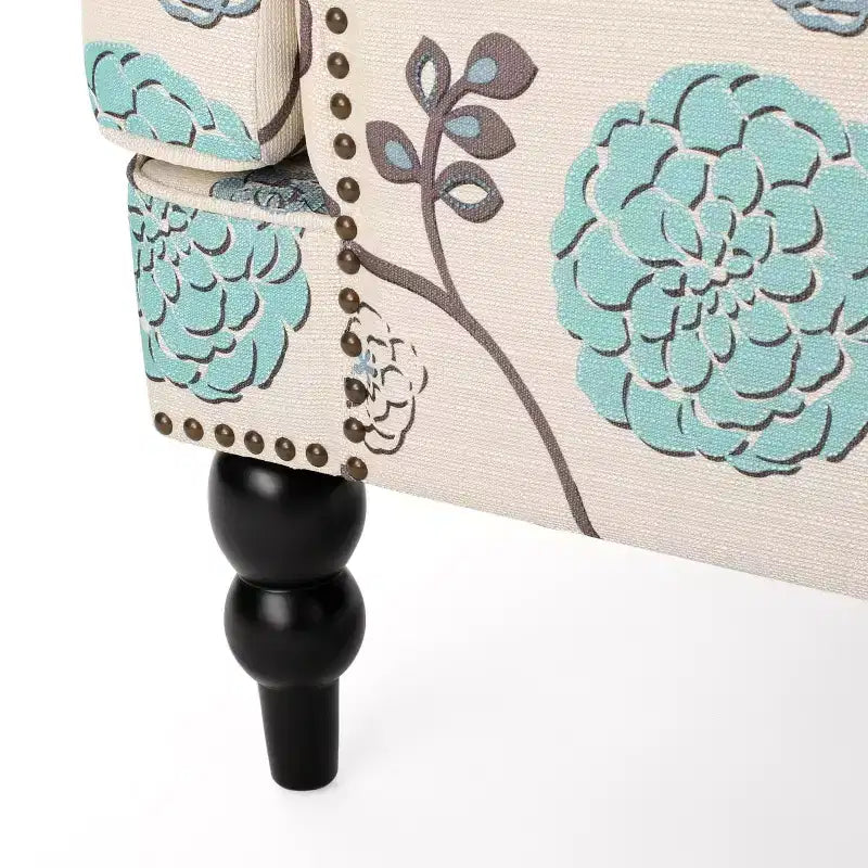 Fauteuil club capitonné – Blanc/Bleu : Tissu d'ameublement, motif floral, structure en bois dur