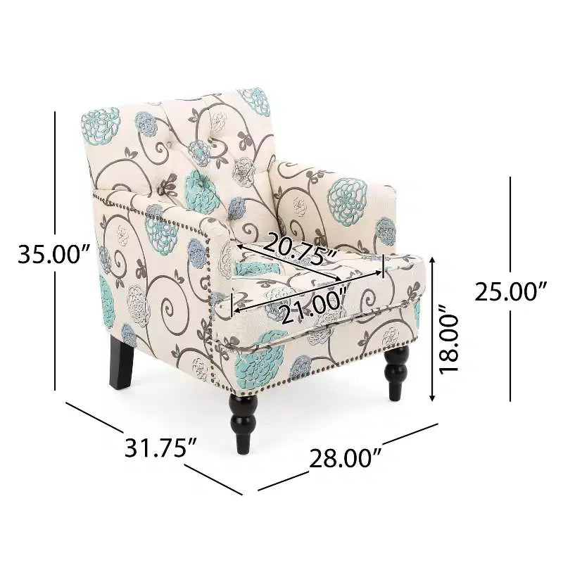 Fauteuil club capitonné – Blanc/Bleu : Tissu d'ameublement, motif floral, structure en bois dur