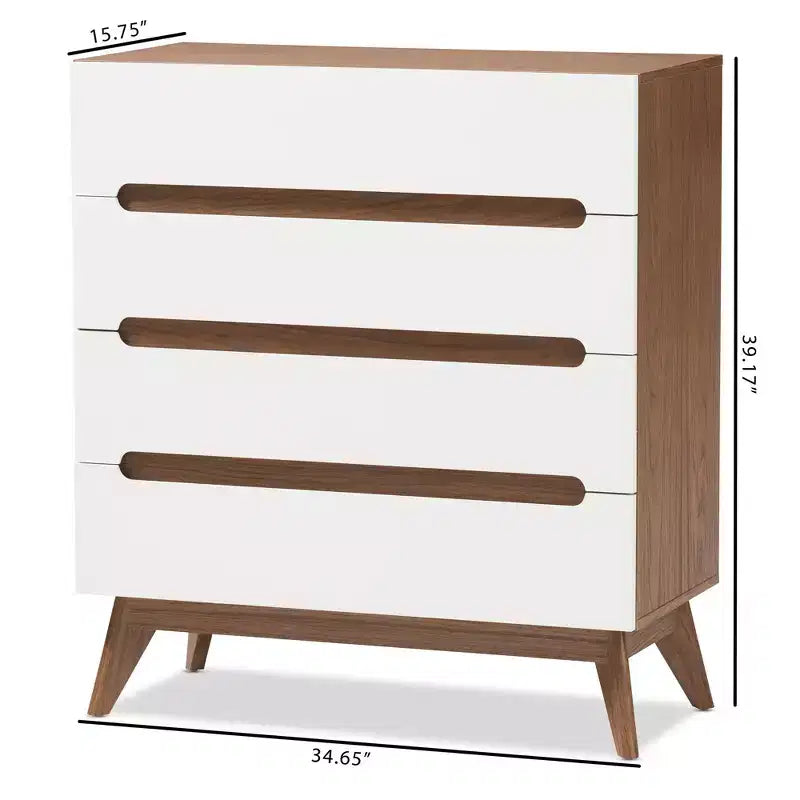 Commode de rangement à 4 tiroirs en bois de style Mid-Century Modern, marron