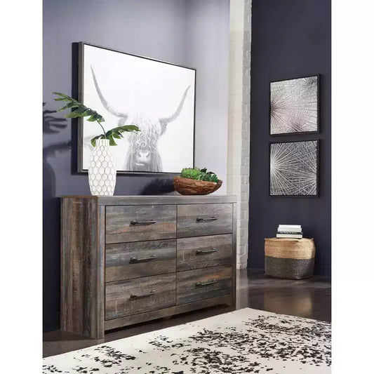 Commode à 6 tiroirs, style industriel rustique avec grain de bois reproduit, quincaillerie en métal foncé