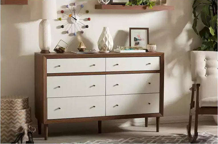 Harlow Mid-Century Modern Scandinavian Style Wood 6 Drawer Storage Dresser White/Walnut - Baxton Studio: Rubberwood Legs, Splayed Design