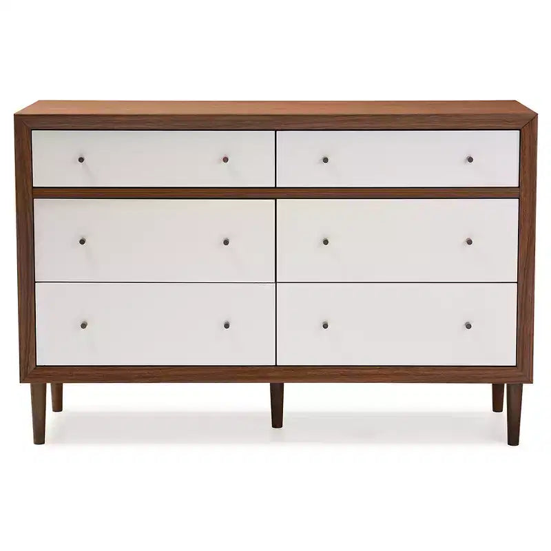 Commode de rangement scandinave mi-siècle moderne 6 tiroirs bois blanc/noyer - pieds en bois d'hévéa, design évasé