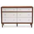 Commode de rangement scandinave mi-siècle moderne 6 tiroirs bois blanc/noyer - pieds en bois d'hévéa, design évasé