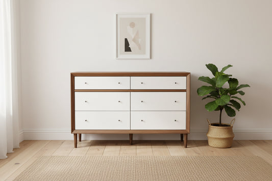 Commode de rangement scandinave mi-siècle moderne 6 tiroirs bois blanc/noyer - pieds en bois d'hévéa, design évasé