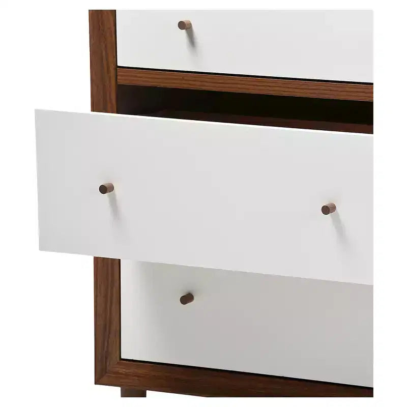 Commode de rangement scandinave mi-siècle moderne 6 tiroirs bois blanc/noyer - pieds en bois d'hévéa, design évasé