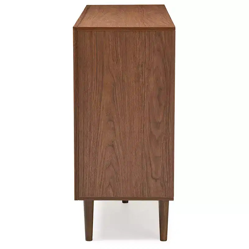 Commode de rangement scandinave mi-siècle moderne 6 tiroirs bois blanc/noyer - pieds en bois d'hévéa, design évasé