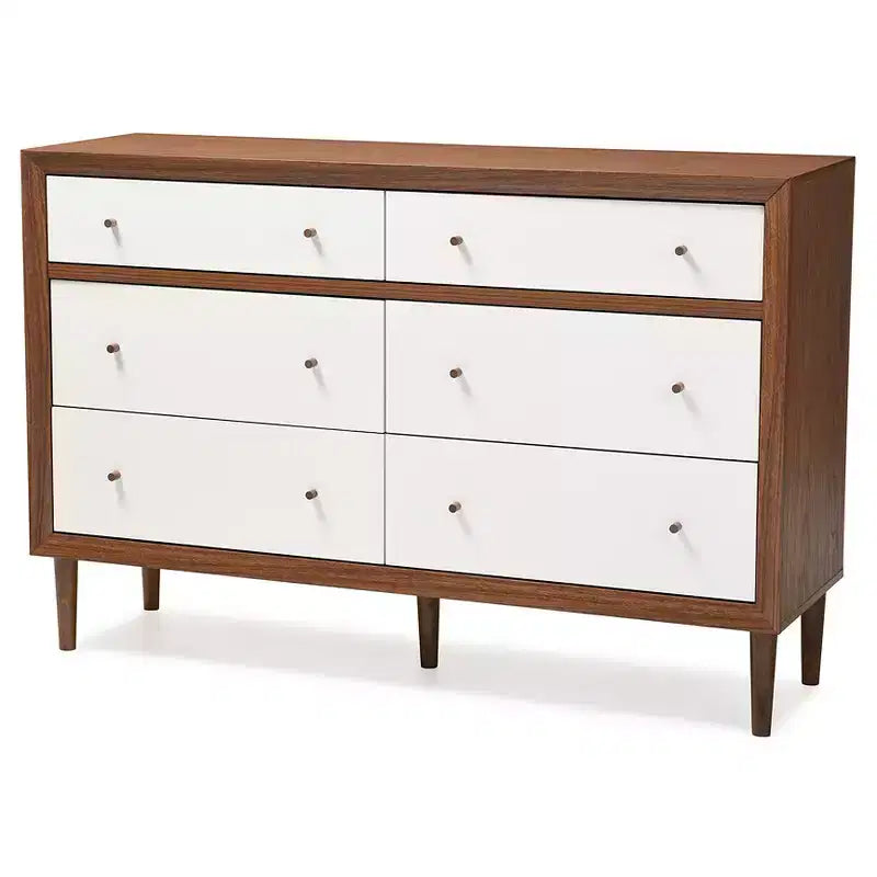 Commode de rangement scandinave mi-siècle moderne 6 tiroirs bois blanc/noyer - pieds en bois d'hévéa, design évasé