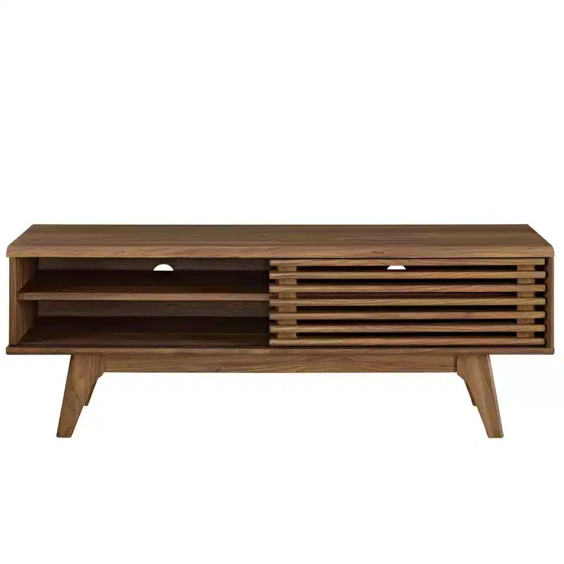 Meuble TV pour téléviseurs jusqu'à 55 pouces : Meuble TV scandinave, finition noyer, portes coulissantes