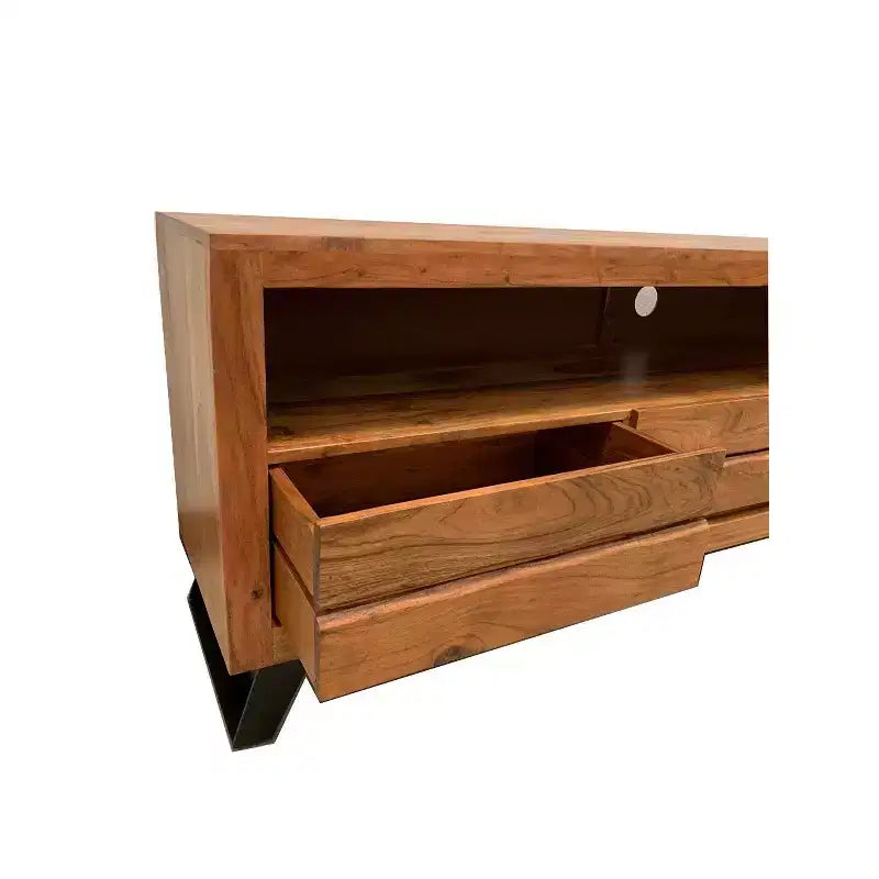 Meuble TV en bois brut pour téléviseurs jusqu'à 65 po marron clair : Meuble console multimédia moderne, cadre en bois dur