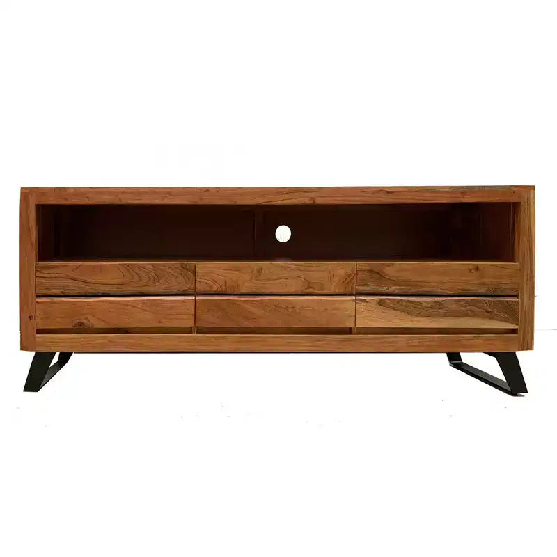 Meuble TV en bois brut pour téléviseurs jusqu'à 65 po marron clair : Meuble console multimédia moderne, cadre en bois dur