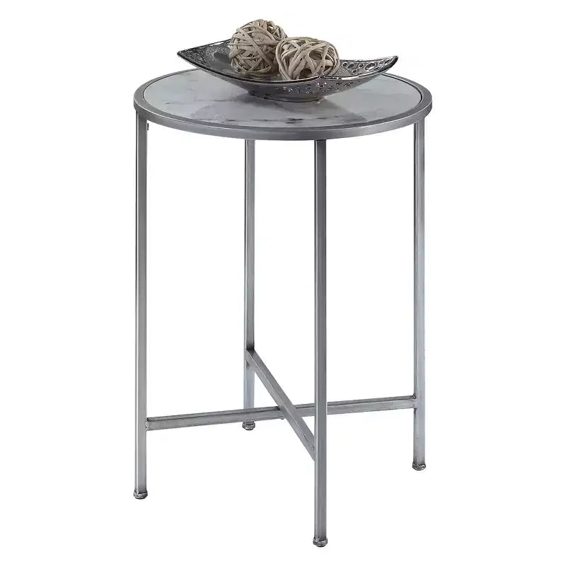 Table d'appoint ronde effet marbre, piètement en métal argenté, 62 cm de hauteur